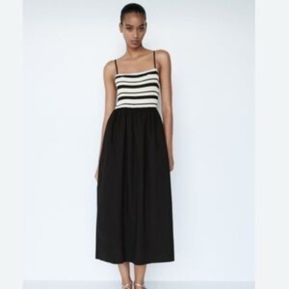 Zara Black and White Striped Midi Dress